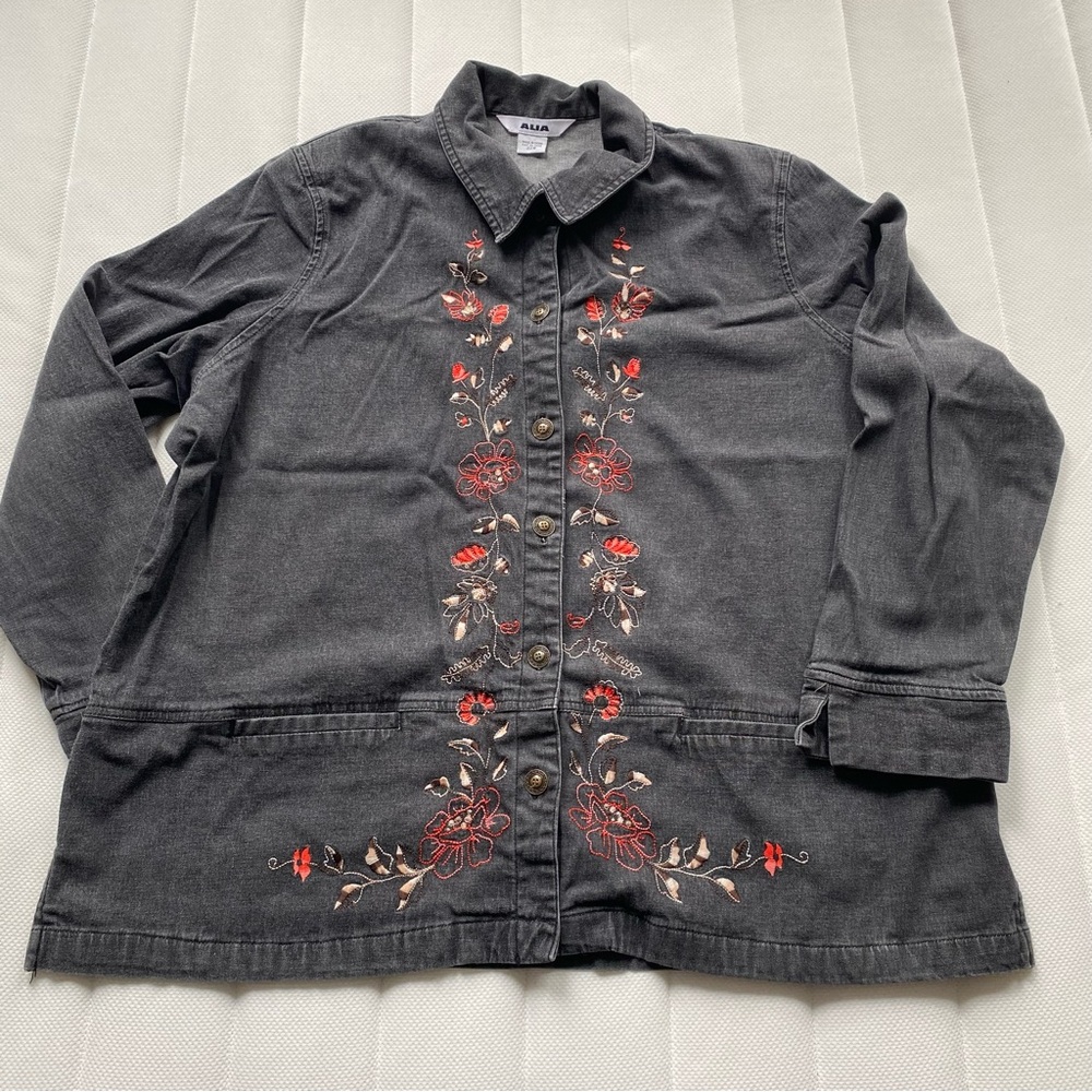 Alia Black Button-Front Embroidered Floral Shirt Jacket